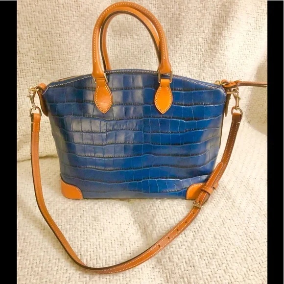 Dooney & Bourke Navy Croc Embossed Satchel with Tan Trim - Picture 5 of 16